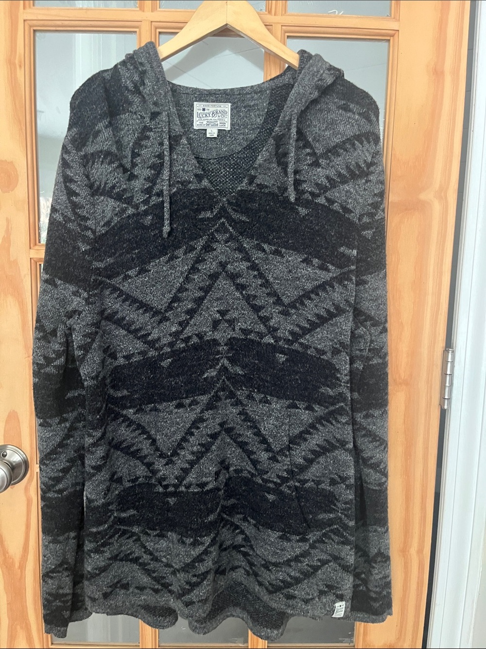 Lucky Brand Baja Hoodie gray woven jacquard Large, cotton blend EUC